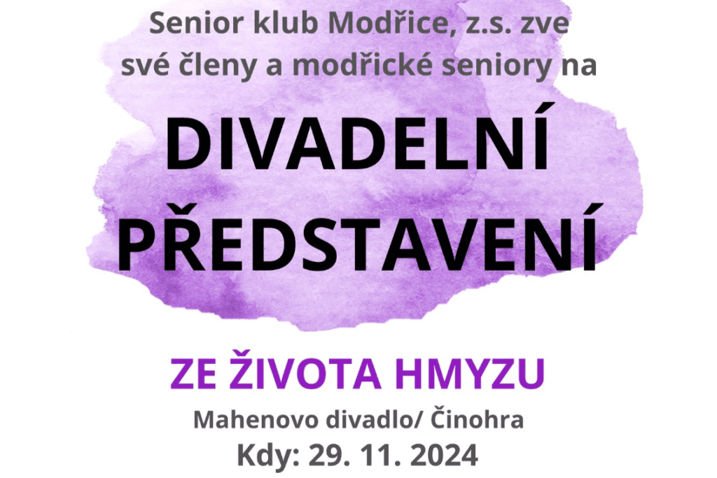 Fialový plakát Seniorklubu na divadlo malý